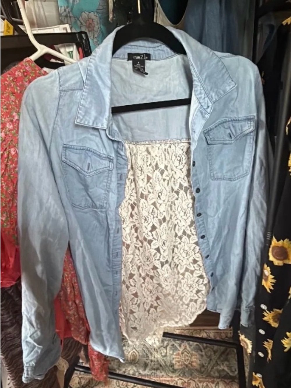 Rue21 Light Blue Denim Shirt with White Lace Detail